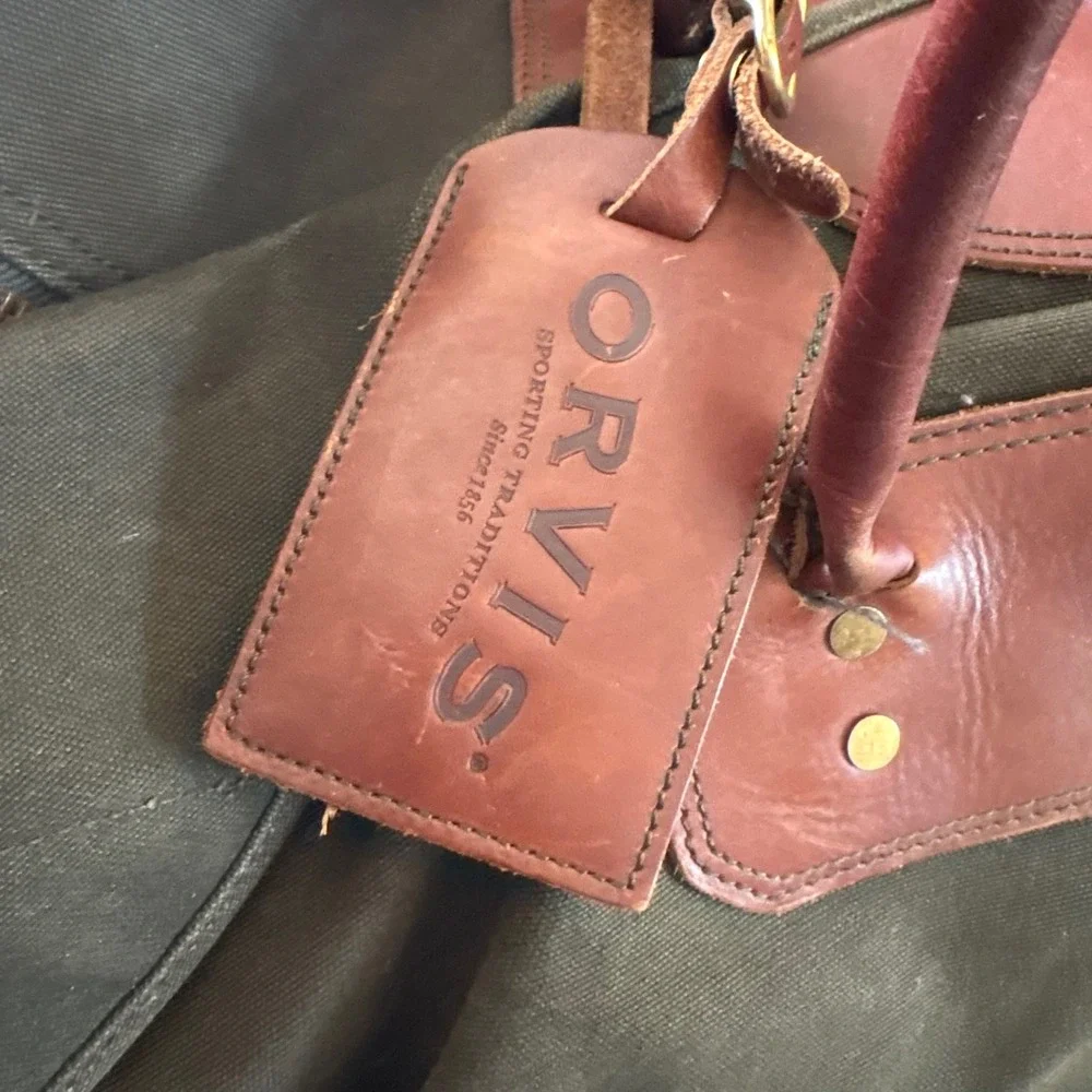 Vintage Travel Bag  Orvis Battenkill Green Canvas Leather Weekender Duffle Bag